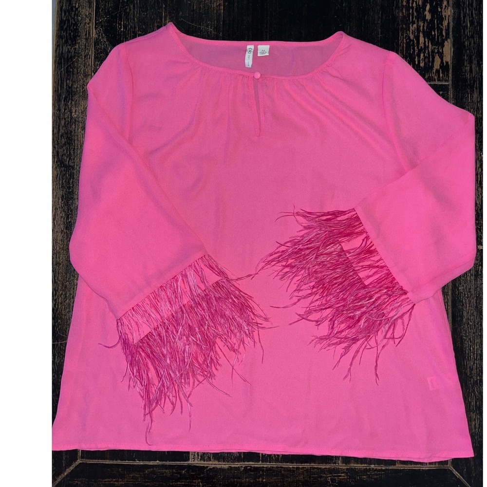 Cato Womens Hot Pink Feather Cuff Blouse Keyhole Neck Party Top Medium